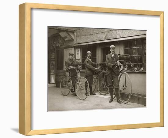 Portrait of Three Young Men with Bicycles Outside a Train Station, Kent, UK, C.1920-null-Framed Photographic Print