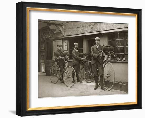 Portrait of Three Young Men with Bicycles Outside a Train Station, Kent, UK, C.1920-null-Framed Photographic Print