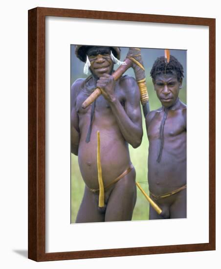 Portrait of Two Dani Tribesmen Wearing Penis Gourds, Irian Jaya, New Guinea, Indonesia-Claire Leimbach-Framed Photographic Print