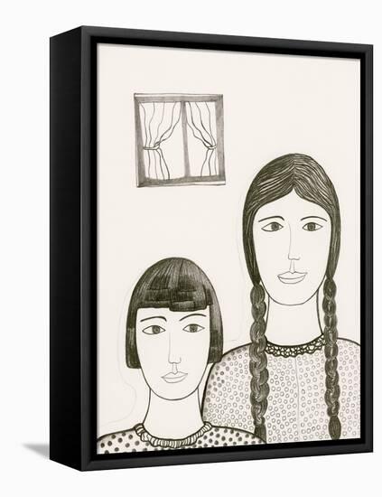 Portrait of Two Girls, Black and White Drawing-Marie Bertrand-Framed Premier Image Canvas