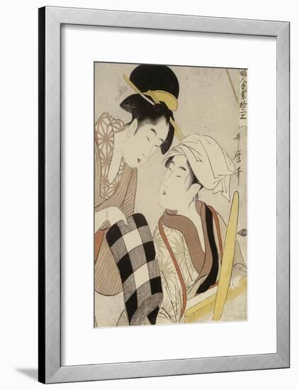 Portrait of Two Women, One Seated at a Loom and the Other Showing a Black and White Checkered cloth-Kitagawa Utamaro-Framed Giclee Print