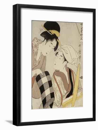 Portrait of Two Women, One Seated at a Loom and the Other Showing a Black and White Checkered cloth-Kitagawa Utamaro-Framed Giclee Print