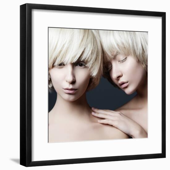 Portrait of Two Young Beautiful Girls Twins in the Studio, Closeup-Yuliya Yafimik-Framed Photographic Print