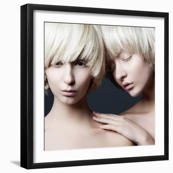 Portrait of Two Young Beautiful Girls Twins in the Studio, Closeup-Yuliya Yafimik-Framed Photographic Print