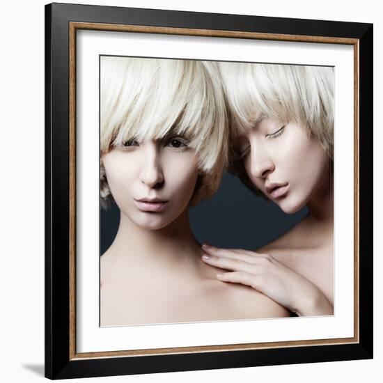 Portrait of Two Young Beautiful Girls Twins in the Studio, Closeup-Yuliya Yafimik-Framed Photographic Print
