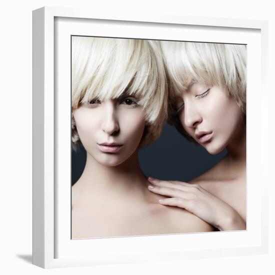 Portrait of Two Young Beautiful Girls Twins in the Studio, Closeup-Yuliya Yafimik-Framed Photographic Print