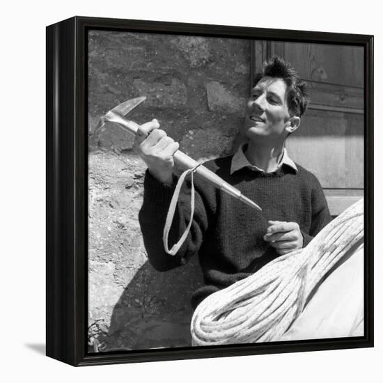 Portrait of Walter Bonatti Smiling with a Climbing Pickaxe in His Hands-Sergio del Grande-Framed Premier Image Canvas