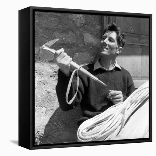 Portrait of Walter Bonatti Smiling with a Climbing Pickaxe in His Hands-Sergio del Grande-Framed Premier Image Canvas