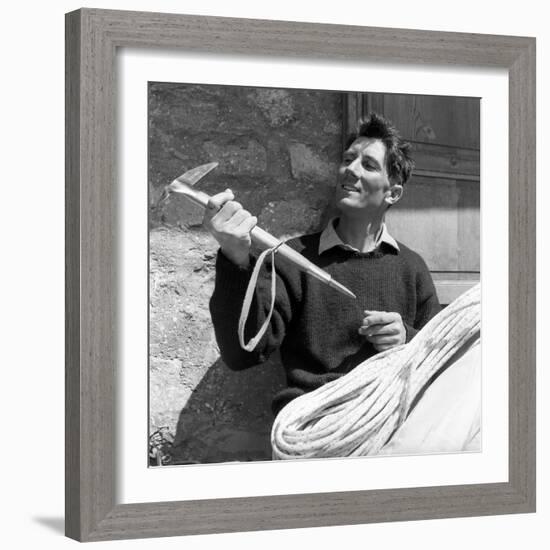 Portrait of Walter Bonatti Smiling with a Climbing Pickaxe in His Hands-Sergio del Grande-Framed Giclee Print