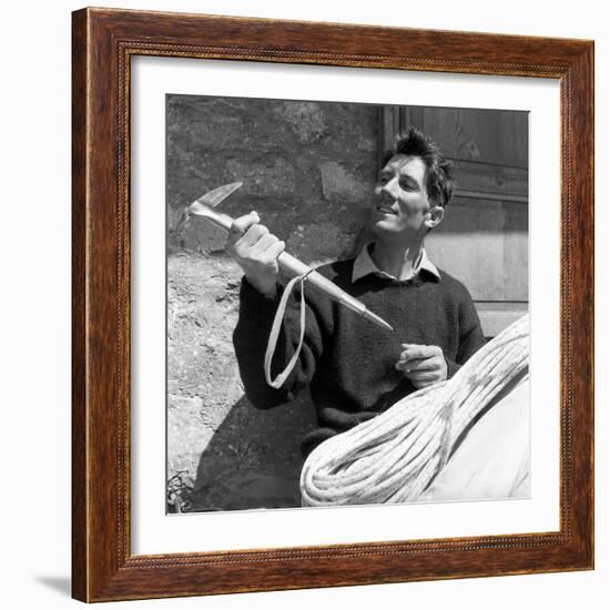 Portrait of Walter Bonatti Smiling with a Climbing Pickaxe in His Hands-Sergio del Grande-Framed Giclee Print