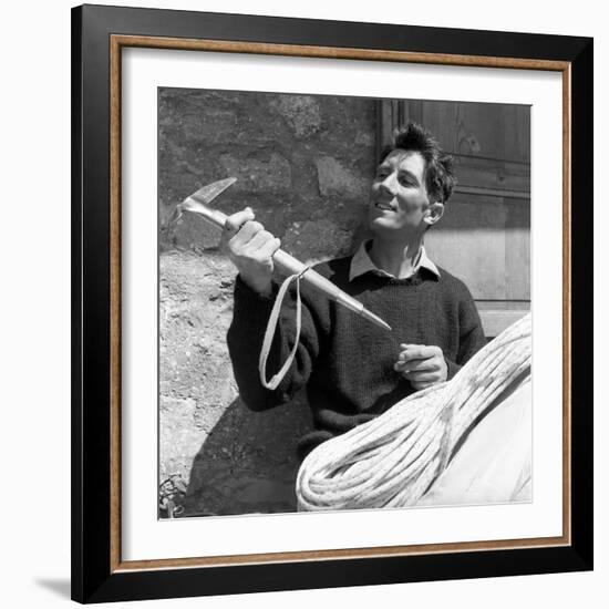 Portrait of Walter Bonatti Smiling with a Climbing Pickaxe in His Hands-Sergio del Grande-Framed Giclee Print