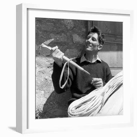 Portrait of Walter Bonatti Smiling with a Climbing Pickaxe in His Hands-Sergio del Grande-Framed Giclee Print