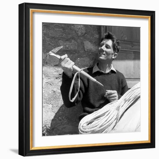 Portrait of Walter Bonatti Smiling with a Climbing Pickaxe in His Hands-Sergio del Grande-Framed Giclee Print