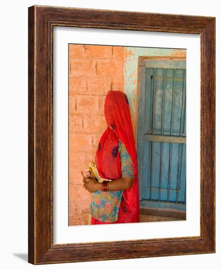 Portrait of Woman in Red Sari Against School Wall, Jodhpur, Rajasthan, India-Bill Bachmann-Framed Photographic Print