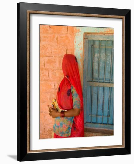 Portrait of Woman in Red Sari Against School Wall, Jodhpur, Rajasthan, India-Bill Bachmann-Framed Photographic Print