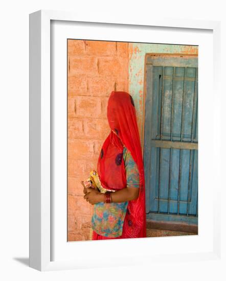 Portrait of Woman in Red Sari Against School Wall, Jodhpur, Rajasthan, India-Bill Bachmann-Framed Photographic Print