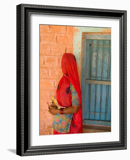 Portrait of Woman in Red Sari Against School Wall, Jodhpur, Rajasthan, India-Bill Bachmann-Framed Photographic Print