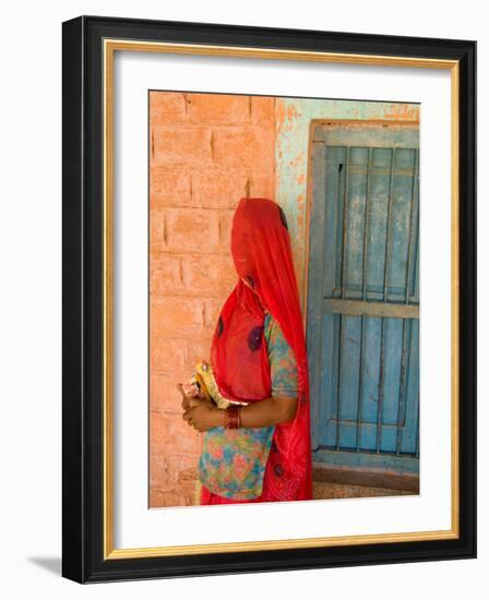 Portrait of Woman in Red Sari Against School Wall, Jodhpur, Rajasthan, India-Bill Bachmann-Framed Photographic Print