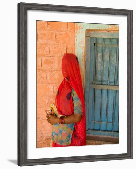 Portrait of Woman in Red Sari Against School Wall, Jodhpur, Rajasthan, India-Bill Bachmann-Framed Photographic Print