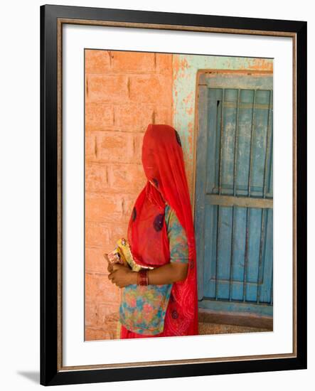 Portrait of Woman in Red Sari Against School Wall, Jodhpur, Rajasthan, India-Bill Bachmann-Framed Photographic Print