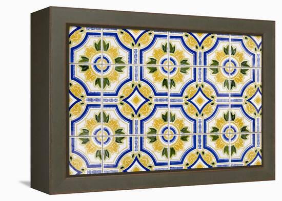 Portugal. Aveiro. Blue and Yellow Tile Work in the Historic District-Emily Wilson-Framed Premier Image Canvas