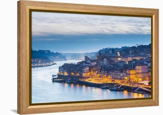 Portugal, Douro Litoral, Porto. Dusk in the UNESCO listed Ribeira district of Porto.-Nick Ledger-Framed Premier Image Canvas