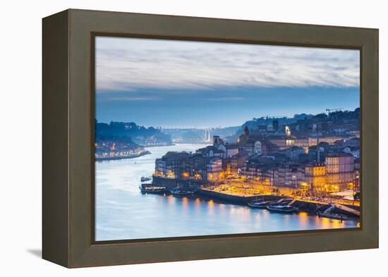 Portugal, Douro Litoral, Porto. Dusk in the UNESCO listed Ribeira district of Porto.-Nick Ledger-Framed Premier Image Canvas