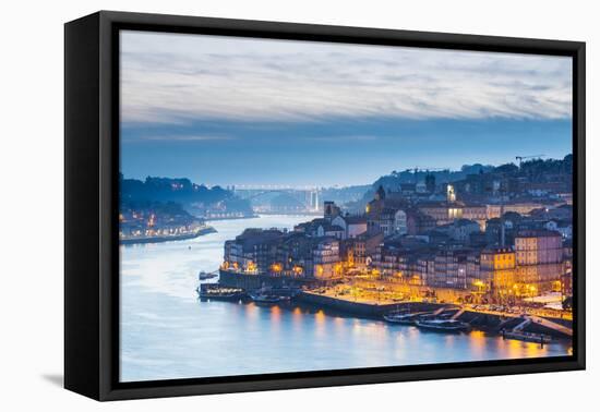 Portugal, Douro Litoral, Porto. Dusk in the UNESCO listed Ribeira district of Porto.-Nick Ledger-Framed Premier Image Canvas