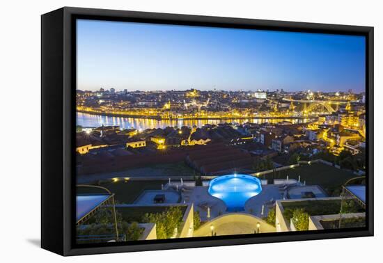 Portugal, Douro Litoral, Porto. Dusk view towards the old town of Porto and the Ribeira district fr-Nick Ledger-Framed Premier Image Canvas