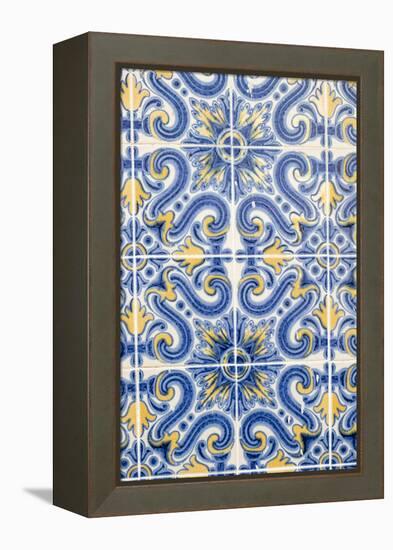 Portugal, Lisbon, Alfama District. Doorway with Blue and Yellow Tile Work-Emily Wilson-Framed Premier Image Canvas