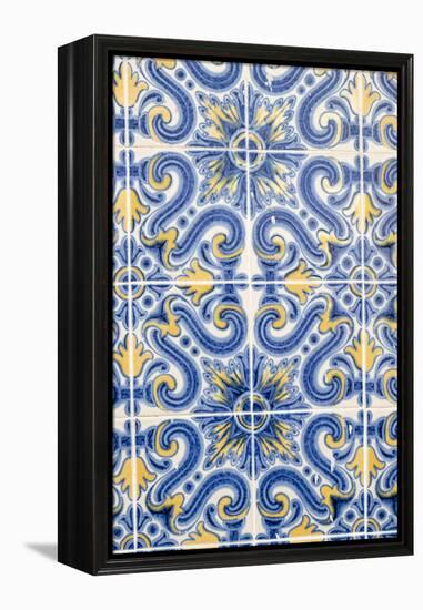 Portugal, Lisbon, Alfama District. Doorway with Blue and Yellow Tile Work-Emily Wilson-Framed Premier Image Canvas