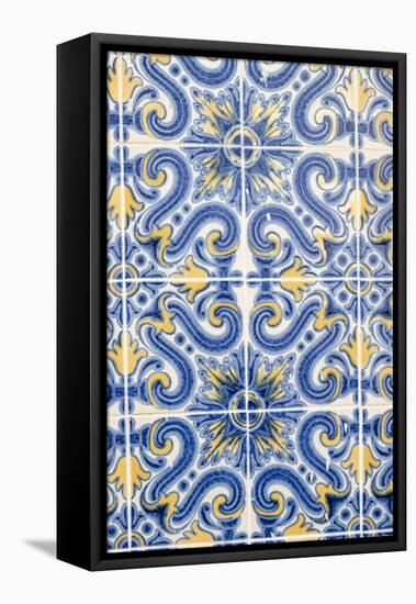 Portugal, Lisbon, Alfama District. Doorway with Blue and Yellow Tile Work-Emily Wilson-Framed Premier Image Canvas