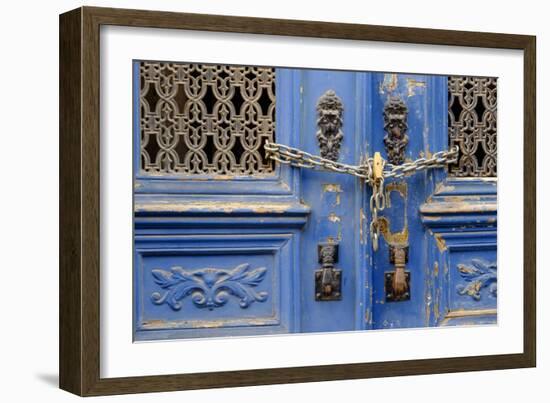 Portugal, Lisbon. Historic Alfama District, Blue Door with Chain Lock-Emily Wilson-Framed Photographic Print