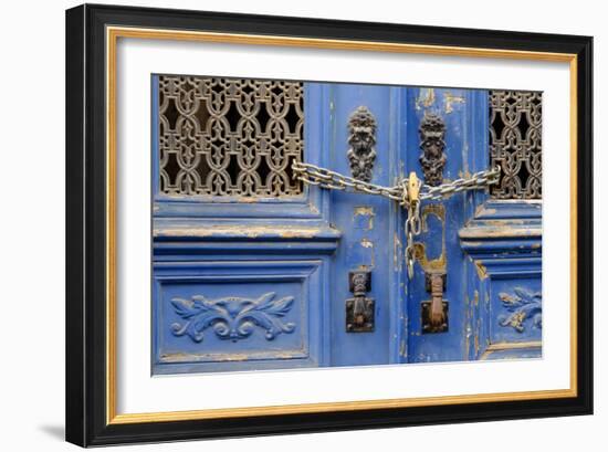 Portugal, Lisbon. Historic Alfama District, Blue Door with Chain Lock-Emily Wilson-Framed Photographic Print