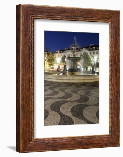 Portugal, Lisbon. Rossio Square at Night. Bronze Mermaid Fountain-Emily Wilson-Framed Photographic Print