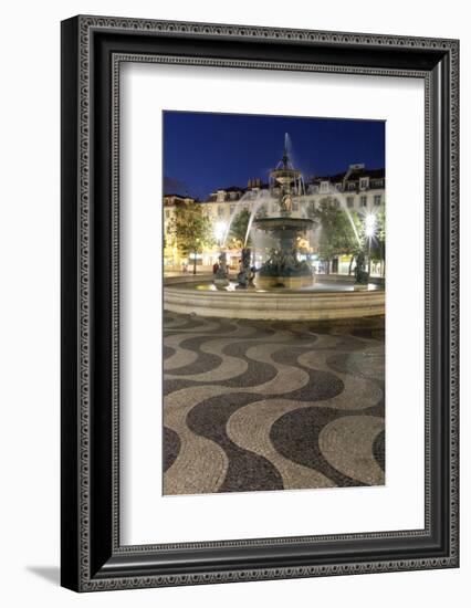 Portugal, Lisbon. Rossio Square at Night. Bronze Mermaid Fountain-Emily Wilson-Framed Photographic Print