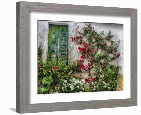 Portugal, Obidos. Flowers growing on wall of house with green door-Terry Eggers-Framed Photographic Print