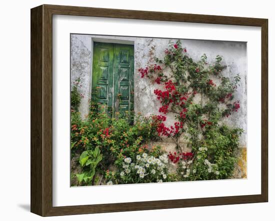 Portugal, Obidos. Flowers growing on wall of house with green door-Terry Eggers-Framed Photographic Print