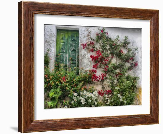 Portugal, Obidos. Flowers growing on wall of house with green door-Terry Eggers-Framed Photographic Print