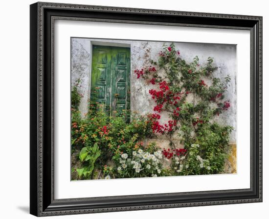 Portugal, Obidos. Flowers growing on wall of house with green door-Terry Eggers-Framed Photographic Print