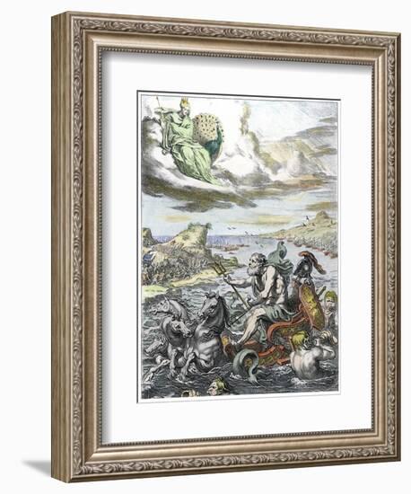 Poseidon Is Drawn in His Sea-Chariot as Greeks and Trojans Fight on the Shore-null-Framed Art Print