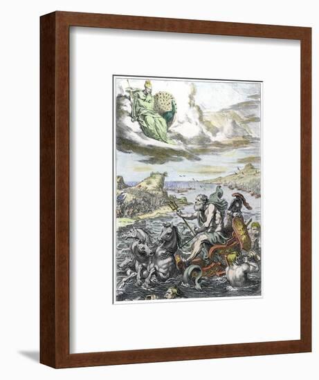 Poseidon Is Drawn in His Sea-Chariot as Greeks and Trojans Fight on the Shore-null-Framed Art Print