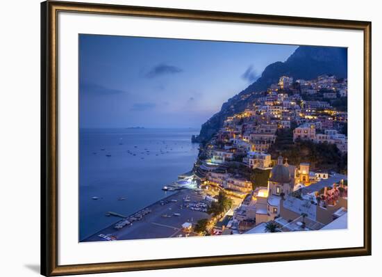 Positano and beach at dusk, Amalfi Coast (Costiera Amalfitana), UNESCO World Heritage Site, Campani-John Miller-Framed Photographic Print