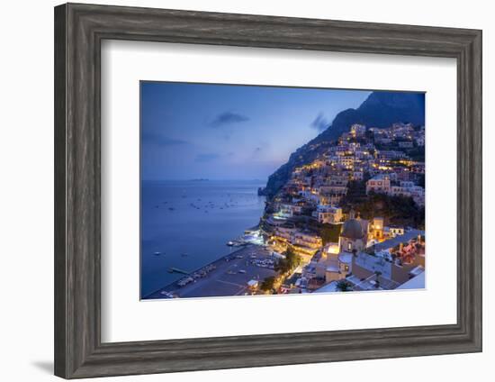 Positano and beach at dusk, Amalfi Coast (Costiera Amalfitana), UNESCO World Heritage Site, Campani-John Miller-Framed Photographic Print