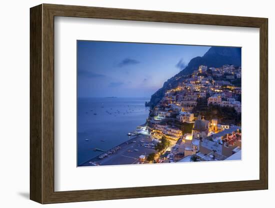 Positano and beach at dusk, Amalfi Coast (Costiera Amalfitana), UNESCO World Heritage Site, Campani-John Miller-Framed Photographic Print