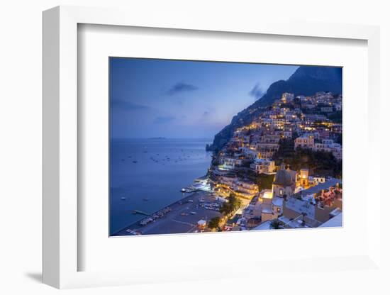 Positano and beach at dusk, Amalfi Coast (Costiera Amalfitana), UNESCO World Heritage Site, Campani-John Miller-Framed Photographic Print