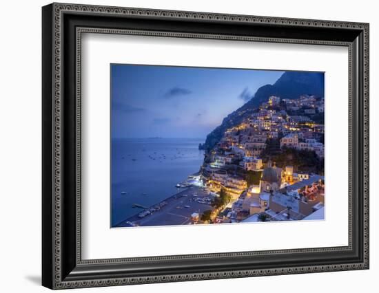 Positano and beach at dusk, Amalfi Coast (Costiera Amalfitana), UNESCO World Heritage Site, Campani-John Miller-Framed Photographic Print