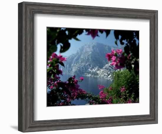 Positano and the Amalfi Coast through Bougainvilla Flowers, Italy-Merrill Images-Framed Photographic Print