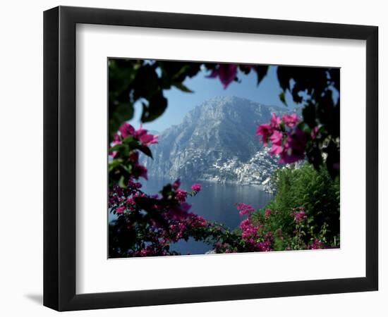 Positano and the Amalfi Coast through Bougainvilla Flowers, Italy-Merrill Images-Framed Photographic Print