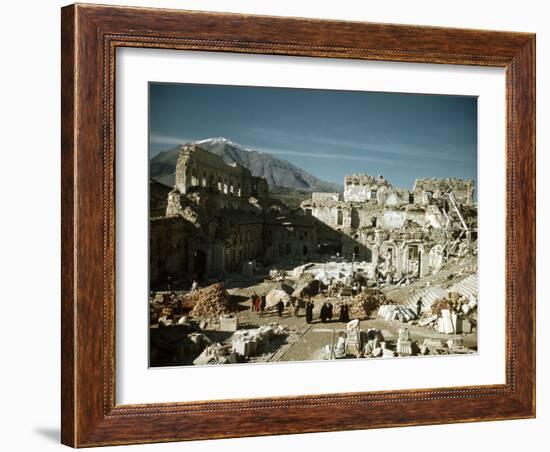 Post War Reconstruction of Benedictine Abbey of Montecassino and Statue of St. Benedict Standing-Jack Birns-Framed Photographic Print